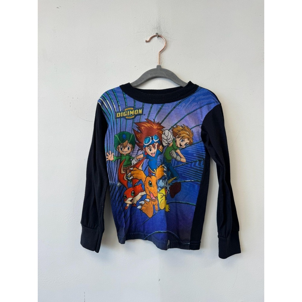 Vintage Digimon Shirt Kids 5 Black‎ Blue Long Sleeve Anime Graphic 2000s Y2K